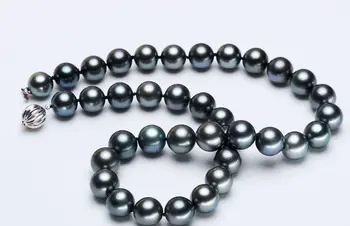 Ohromujúci kolo 10-11 mm tahitian zelená čierna perlový náhrdelník 18-palcové 925s kkk