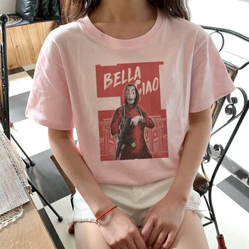 2019 Ružová Peniaze zloduch Tričko Dom Papiera La Casa De Abstraktných T Shirt Móde Bežné Dali Masku Casa Gotický T-shirt Ženy Top