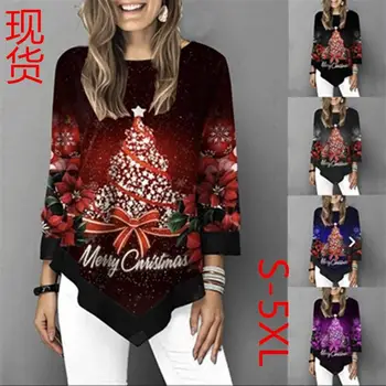 ZITY Ženy Vianočné T-shirt Topy Koberčeky Spájať Lem Dlhý Rukáv Roztomilý Tunika značkové oblečenie 2020 ženy Vianočné Harajuku Top
