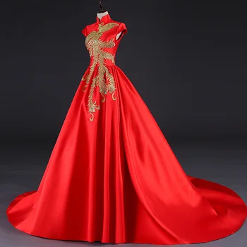 Tradičný Štýl Dlhý Chvost Červená Výšivky Phoenix Večer-Vintage šaty Formálne Elegantné Ušľachtilý Banquet Hosť Prom-dress