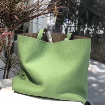 Kožená tote bag obojstranné kontrast farieb prvá vrstva cowhide big bag taška cez rameno, kabelka