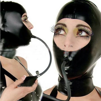 Nový sexy exotické bielizeň klasické ručné black latex otvoriť tvár, nafukovací kolík odsávače maska kapota späť na zips cekc zentai fetish