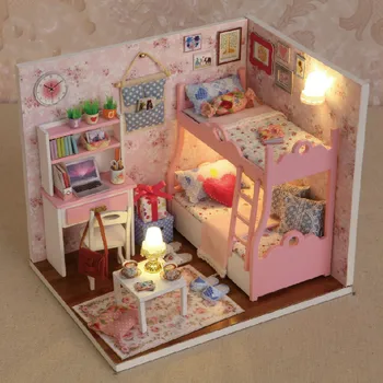 LED Pink Girl doll house nábytok diy domček pre bábiky dreva diy doll house miniatúrny domček pre bábiky s nábytkom Kit deti domov puzzle, Hračky