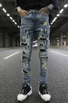 Mens Džínsy Značky V Európe A Spojených Štátoch High Street Style Otvor Patch Tehla Sequin Úsek Slim Mužov Skinny Jeans Nohavice