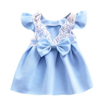 Ženské deti oblečenie modely šaty dieťa lietania rukávy čipky lúk späť princezná dressesBaby dievčatá Roztomilý šaty Šaty, 6-48M