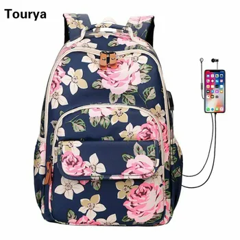 Tourya Módne Kvet Tlač Ženy Batoh Nepremokavé USB Nabíjanie Školské Tašky Pre Dievčatá Notebooku Cestovanie Bagpack Batohu Mochila