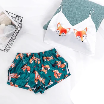 Ženské Sleepwear Cute Pyžamo Fox Cartoon Tlač Krátke Nastaviť V Krku Sexy Saténové Pyžamá Cami Topy a Šortky Voľné Femme Domov Oblek