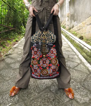 Hot predaj Etnických ručné výšivky batoh, Módne Vintage Ženy Čierne plátno Cestovné Tašky