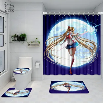 Japonské Anime Kúpeľňa Nastaviť Sailor Moon 3D Vodotesné Sprchový Záves Wc Kryt Mat Non Slip Koberec S 12 Háčiky