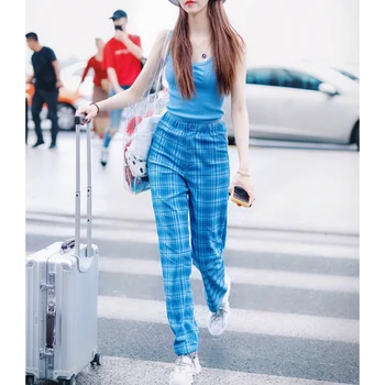 Potu nohavice ženy streetwear kockované nohavice kórejský štýl vysoký pás elegantné nohavice voľné joggers vintage nohavice ženy 2020