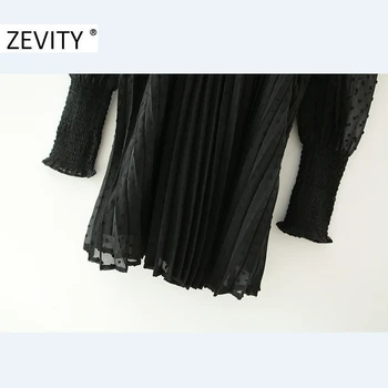ZEVITY ženy módy v krku bodky šitie black šifón skladaný šaty femme dlhý rukáv vestido ležérne slim elegantné šaty DS4487
