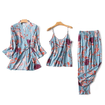 2020 Nové Saténové Pyžamá pre Ženy 3ks Pjs Domov Nosiť Oblečenie, Tlač na Kvetinový Bavlna Dámske Sexy Voľné Spánku Odev Sady