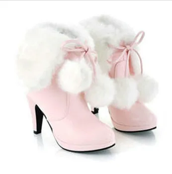 Nové zimné vysoké podpätky členková obuv pre ženy sexy umelú kožušinu platformu krátke topánky udržať v teple šnurovacie topánky dámy ružová, čierna, biela