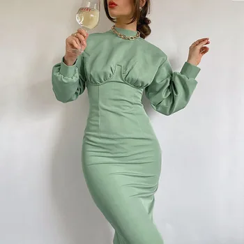 2021 Novej Jarnej Zelenej Plášť Módne, Elegantné Milosti Dlhý Rukáv Šaty pre Ženy 046