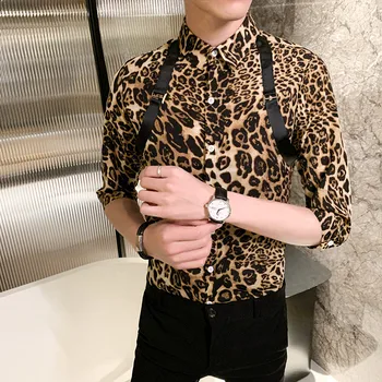 Britský Štýl Mužov Tričko Streetwear Módy Sexy Leopard Tlač Mens Príležitostných Tričká Dlhý Rukáv Slim Fit, Blúzky, Pánske Oblečenie 5XL-M