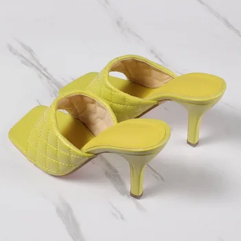 Letné Ženy Papuče 2021 Módnej Značky Sandále na Vysokom Opätku Vintage Štvorcové Prst Candy Farby Papuče Dámy Pošmyknúť na Sandále Listov