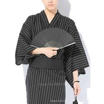 Muži Japonské Kimono Domov Voľné Bavlna Čierny Prúžok Yukata Dospelých Ázijské Oblečenie NightGown Župan Retro Tradičné Samuraj Kostýmy