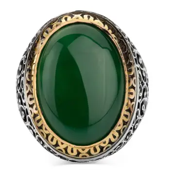 925 Libra Šterlingov Strieborné Symetrické Mens Krúžok Zelený Kameň Achát Módne turecký Premium Kvalitné Ručné Jawelery