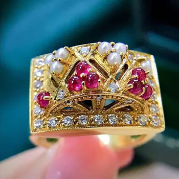 Vintage Luxusné Vrstvený Pearl Red Crystal Zirkón Diamantov, drahých Kameňov Prstene pre Ženy, Zlatá Farba Šperky, Doplnky Strany Bijoux