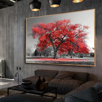 Nordic Výtvarné Umenie Domov Dekor Červený Strom Plátna Nástenné Maľby Jeseň Park Krajina Plagát A Vytlačí Obrázok Pre Obývacia Izba