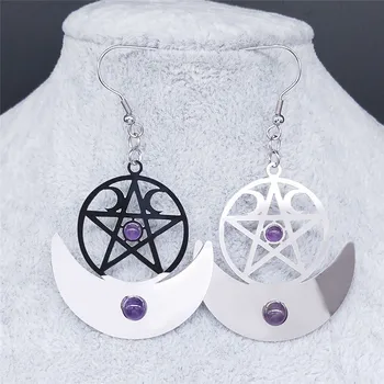 Witchcraft Pentagram Mesiac Prírodné Fialová Crystal Nehrdzavejúcej Ocele Ženy AFAWA Strieborná Farba Drop Náušnice Šperky bijoux EXS02
