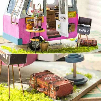 1 Nastavte DIY Kabíne Dospievajúce Dievčatá Izbe Drevená Bábika Dom Model Creative Happy Camper S Nábytkom Deti, Dospelých Miniatúrne