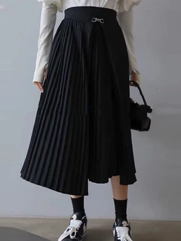 Doprava zadarmo vysoký pás kovové gombíky geometrických tlač nepravidelný skladaná sukňa dámske jeseň nový štýl osobnosti all-zápas
