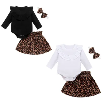 Boutique Dieťa Oblečenie Novorodenca Dievča Oblečenie Pevné Kombinézu Topy+Leopard Sukne+hlavový most 3ks Bavlnené Oblečenie Set