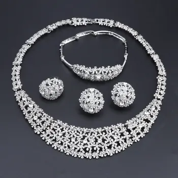 Móda Dubaj Strieborná farba Šperky Sady pre Ženy Afriky Korálky Šperky Set Svadobné Svadobné Šperky Crystal Náhrdelníky Náušnice Nastaviť