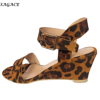 SAGACE 2019 Ženy Sandále Leopard Kliny Med Päty Otvorené Prst Pláži Dámy Výšky Rastúci Topánky na Platforme Pracky Popruhu Plus Veľkosť