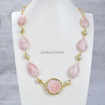 GG Šperky White Pearl Slza Rose Quartzs Pink Coral Kráľovná Conch Kvet Zlatá Reťaz Náhrdelník 23