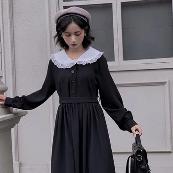 Midi Lolita Roztomilé Čierne Šaty Jar Jeseň Peter Pan Golier Pás, Japonský Oblečenie Preppy Style Plus Veľkosť Oblečenie Žien