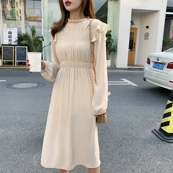 2020 Jar Nový Kórejský Šaty Žien Francúzsky Tenký Dlhý Rukáv Elastický Pás Jednoduché, Pevné A - Line Šaty Elegantné Ženy Vestidos