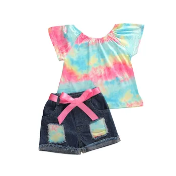1-6Y Letné Baby Dievčatá Oblečenie Sady Rainbow Tlače Volánikmi Rukáv Tričká Topy+Denim Modrá Šortky 2ks