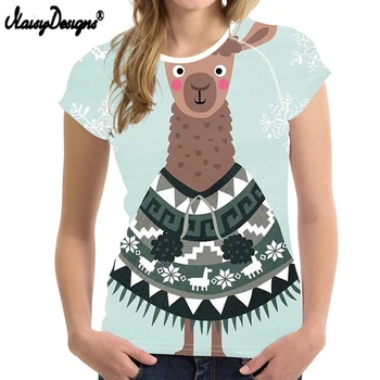 NoisyDesigns Plus veľkosť O krk Alpaky Vzor Florla Ženy tričko 2019 Bežné tričko Krátky Rukáv Topy Letné tričko Tee Femme
