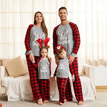 Vianočné Rodič-Dieťa Vyhovovali Pyžamo Nastaviť Otec, Mama, Baby, Deti Písmená Tlačené Koberčeky Kolo Krku Domov Sleepwear Rodiny Oblečenie