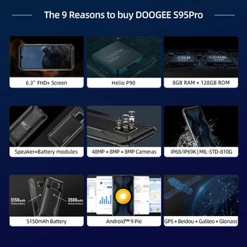 DOOGEE S95 Pro 6.3 Palcový Android 9.0 Mobilný Telefón Robustný IP68 Drop Dôkaz Smartphone MTK P90 8GB 128GB Mobil 48MP AL Kamery