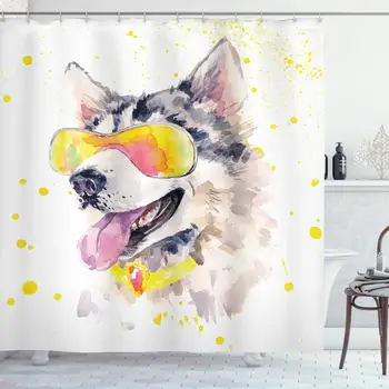 Zviera Sprchový Záves tým, Zábavné Husky, Pes so slnečnými Okuliarmi Vtipný Roztomilý Akvarel Pohode Šteňa Obrázok Textílie Kúpeľňa Decor Set