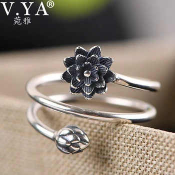 V. YA 925 Sterling Silver Vintager Krúžky Vinutia Tvar Lotosový Kvet Otvoriť Prstene Pre Ženy Lady Mincový striebro-šperky