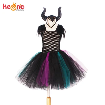 Dievčatá Maleficent zlá Kráľovná Halloween Kostým súťaž: Cosplay Čarodejnice Fantázie Tylu Tutu Šaty s Rohmi Deti Narodeninovej Party Oblečenie