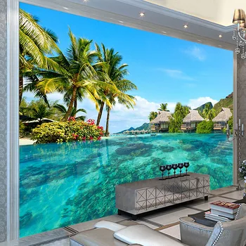 Vlastné Fotografie, Nástenné samolepiace Nálepky Tapety na More, Výhľad na Pláž Coconut Tree Obývacia Izba, Spálňa Stenu Decor Abstraktných De Parede 3D