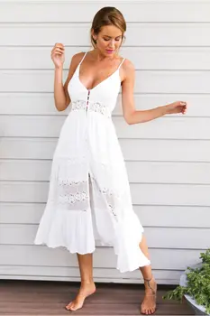 Ženy bez Rukávov Boho Sundress Hlboké V-neck Volánikmi Čipky Pevné Maxi Šaty Holiday Beach Elegantné Nosenie Biela