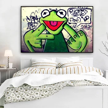 Street Graffiti Art Žabiak Kermit Prst Plátno Maľovaní Plagátov a Vytlačí Cuadros Wall Art Obrázky Pre Obývacej Miestnosti Dekorácie