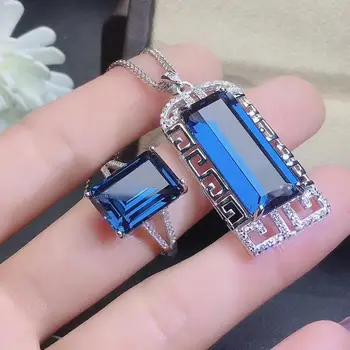 KJJEAXCMY jemné šperky prírodné blue topaz 925 sterling silver ženy drahokam prívesok náhrdelník prsteň podporu test luxus
