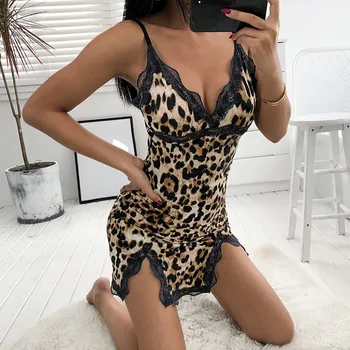 2021 Ženy Sexy Sleepwear Lady tvaru Leopard Noc Šaty nočný klub Štýl Čipky Šatka Sexy Nightgowns Žien spodnú Bielizeň pijama mujer