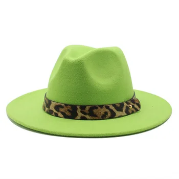 ženy klobúk zimné jeseň modrá zelená leopard pás fedora klobúky veľký okraj vintage hip hop, jazz čiapky plstené klobúky nové fedora klobúky ženy