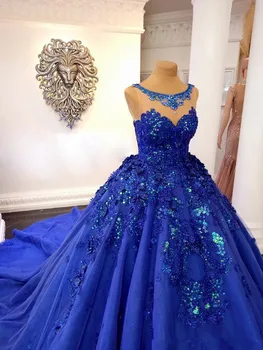 Kráľovská Modrá plesové šaty, Quinceanera Šaty 2020 Úplnej Krku Iskrivý Korálkové Čipky 3D Kvetinovým Kaplnka Vlak Sweety 1 Dievčatá Prom Šaty