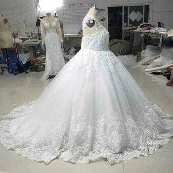 Vysoká kvalita Pearl dekorácie, svadobné Šaty S Čipkou Vestido De Novia Princesa Vintage Svadobné Šaty Skutočný Obraz Svadobné Šaty