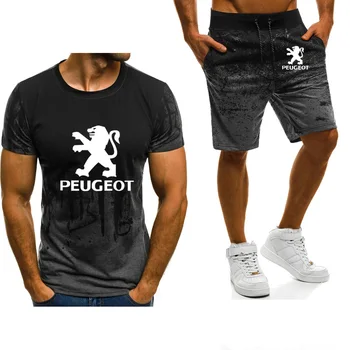 Letné pánske Krátke rukáv Peugeot Auto Logo tlačiť Bežné Hip Hop vysokej kvality Gradient Bavlna pánske T-shirt+šortky vyhovovali 2ks