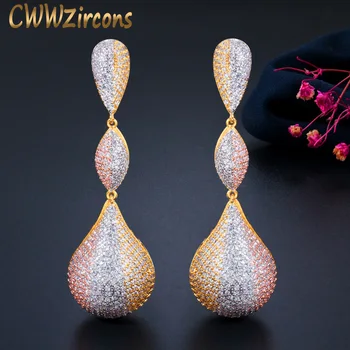 CWWZircons Luxusné Vody Drop Gule Dlho Visieť Náušnice pre Ženy, Svadobné Micro CZ Zirkón Dubaj Indickej 3 Tón Zlaté Šperky CZ670